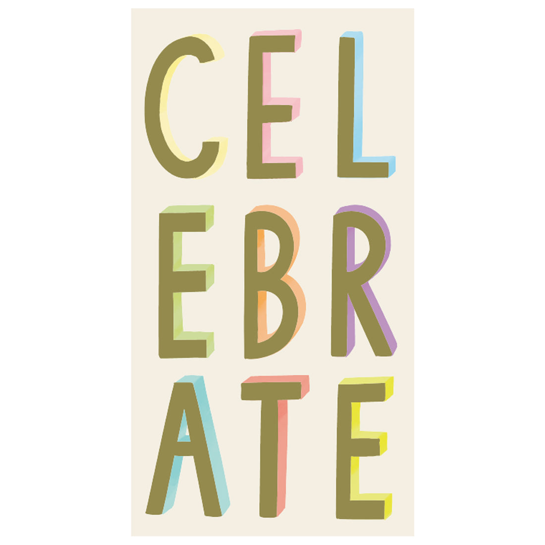 A rectangle, cream guest napkin with the word &quot;CELEBRATE&quot; in bold, colorful isometric lettering, letters stacked in 3 rows.
