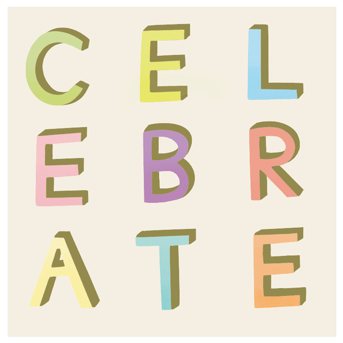 A square, cream cocktail napkin with the word &quot;CELEBRATE&quot; in bold, colorful isometric lettering, letters stacked in 3 rows.