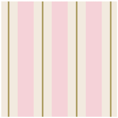 A square cocktail napkin featuring vertical pink and white stripes, with a gold line running down the center of each white stripe.