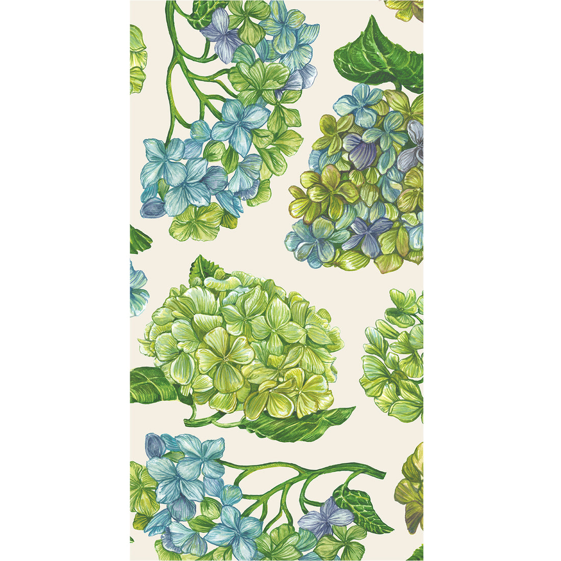 A rectangle guest napkin featuring green and blue illustrated hydrangea blossoms scattered over a white background.