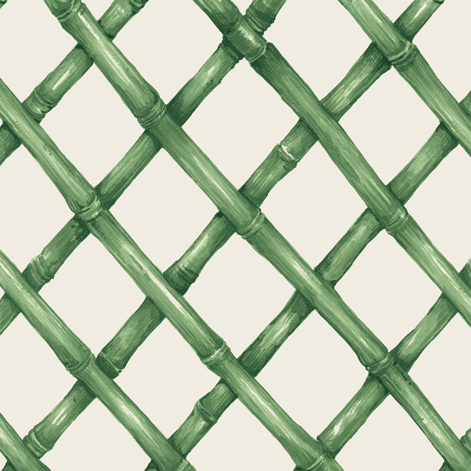 A diagonal woven bamboo pattern in monochrome green on a white background, on a square cocktail napkin.