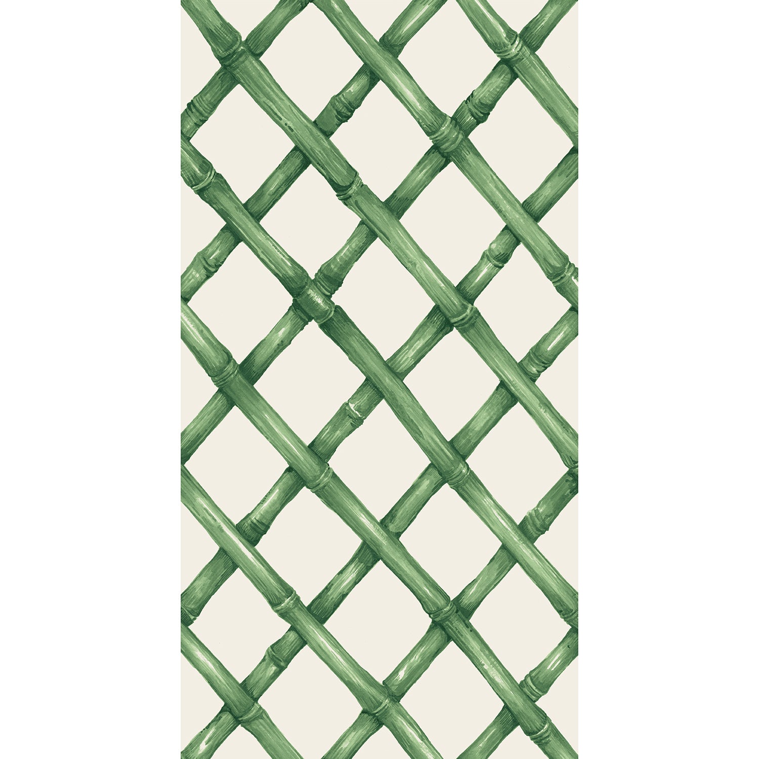 A diagonal woven bamboo pattern in monochrome green on a white background, on a rectangle guest napkin.