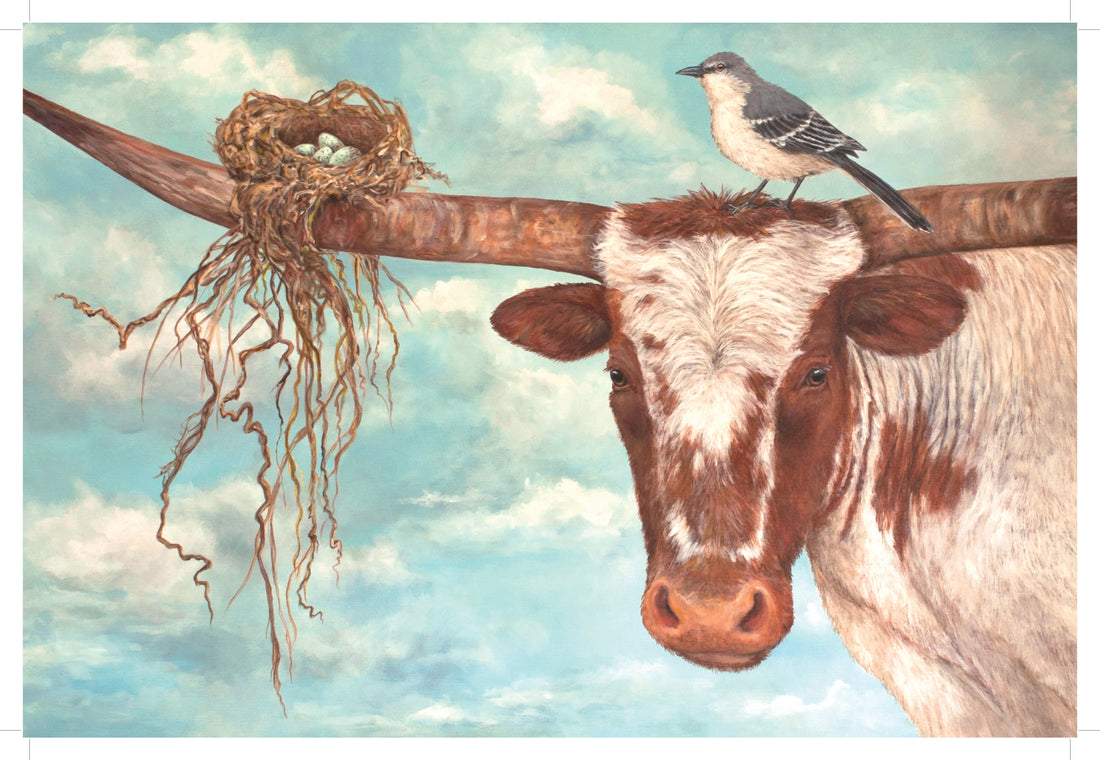 A charming illustration of a longhorn bull with a bird on his head and the bird&