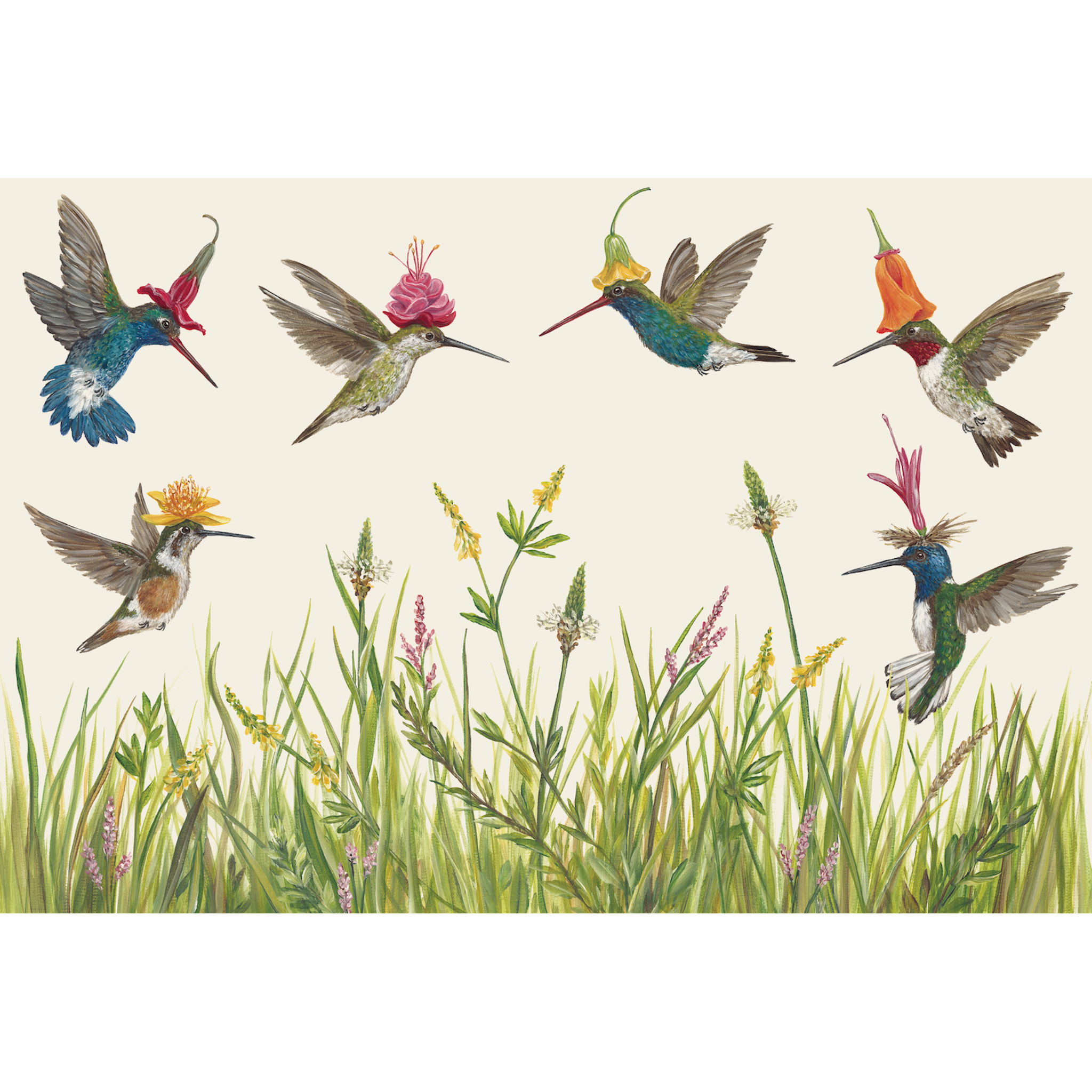 A whimsical illustration of six vibrant hummingbirds, each wearing a flower as a hat, fluttering over a green grassy field with wildflowers, on a white background. 