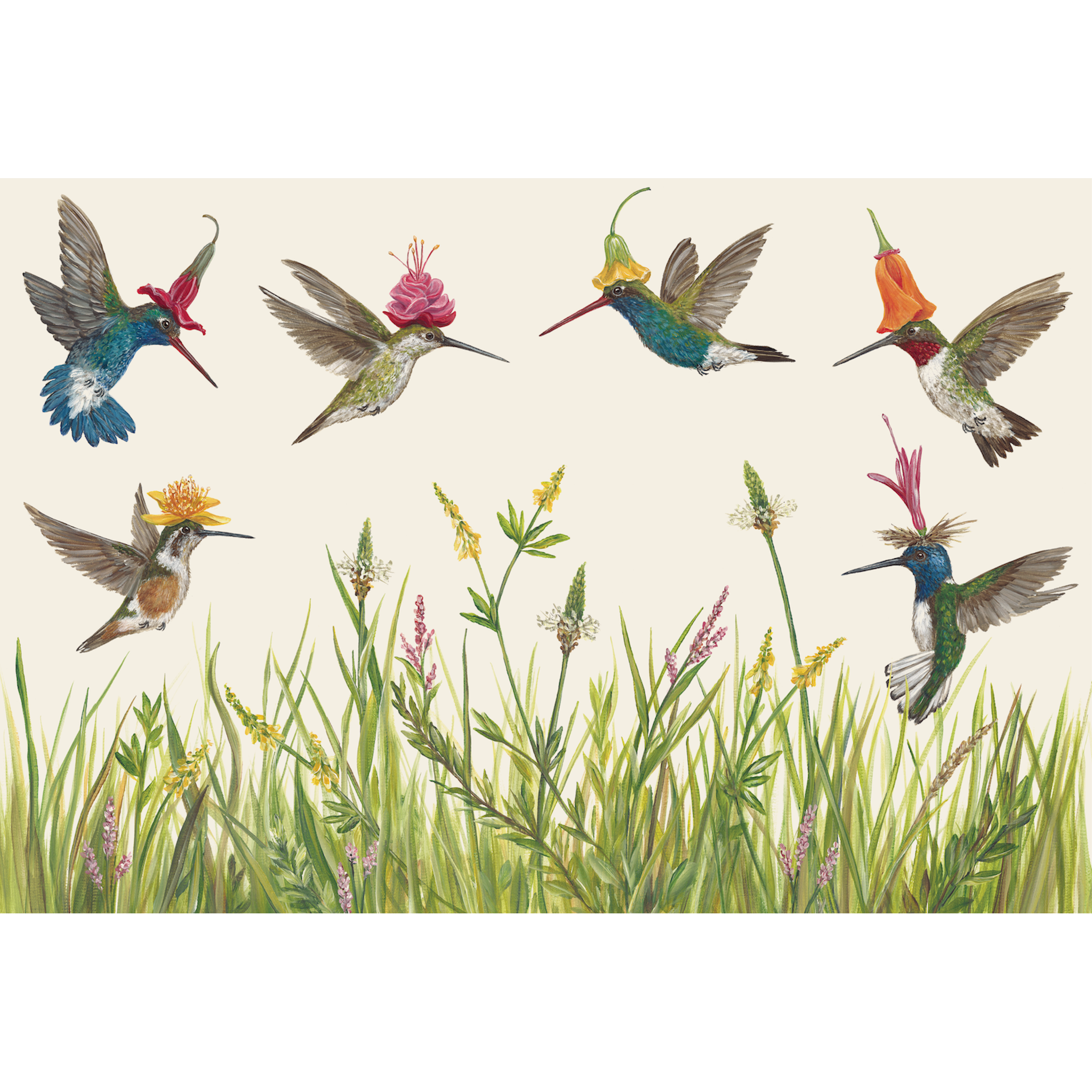A whimsical illustration of six vibrant hummingbirds, each wearing a flower as a hat, fluttering over a green grassy field with wildflowers, on a white background.