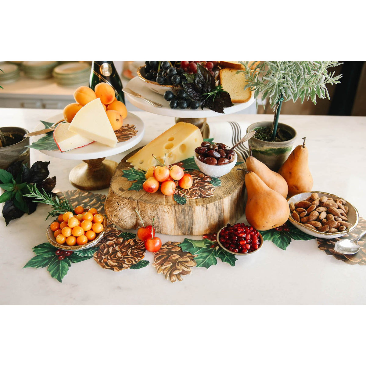 An elegant Holiday grazing table featuring Winter Botanicals Serving Confetti under the food.