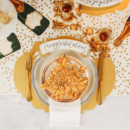 The Gold Confetti Runner under an elegant table setting, from above.