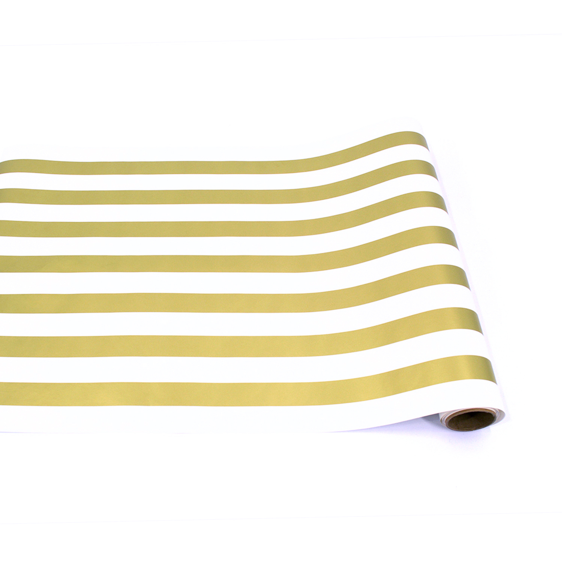 A paper roll with thick gold and white stripes running down the length.