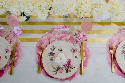 The Die-cut Peony Placemat under an elegant floral table setting, from above.