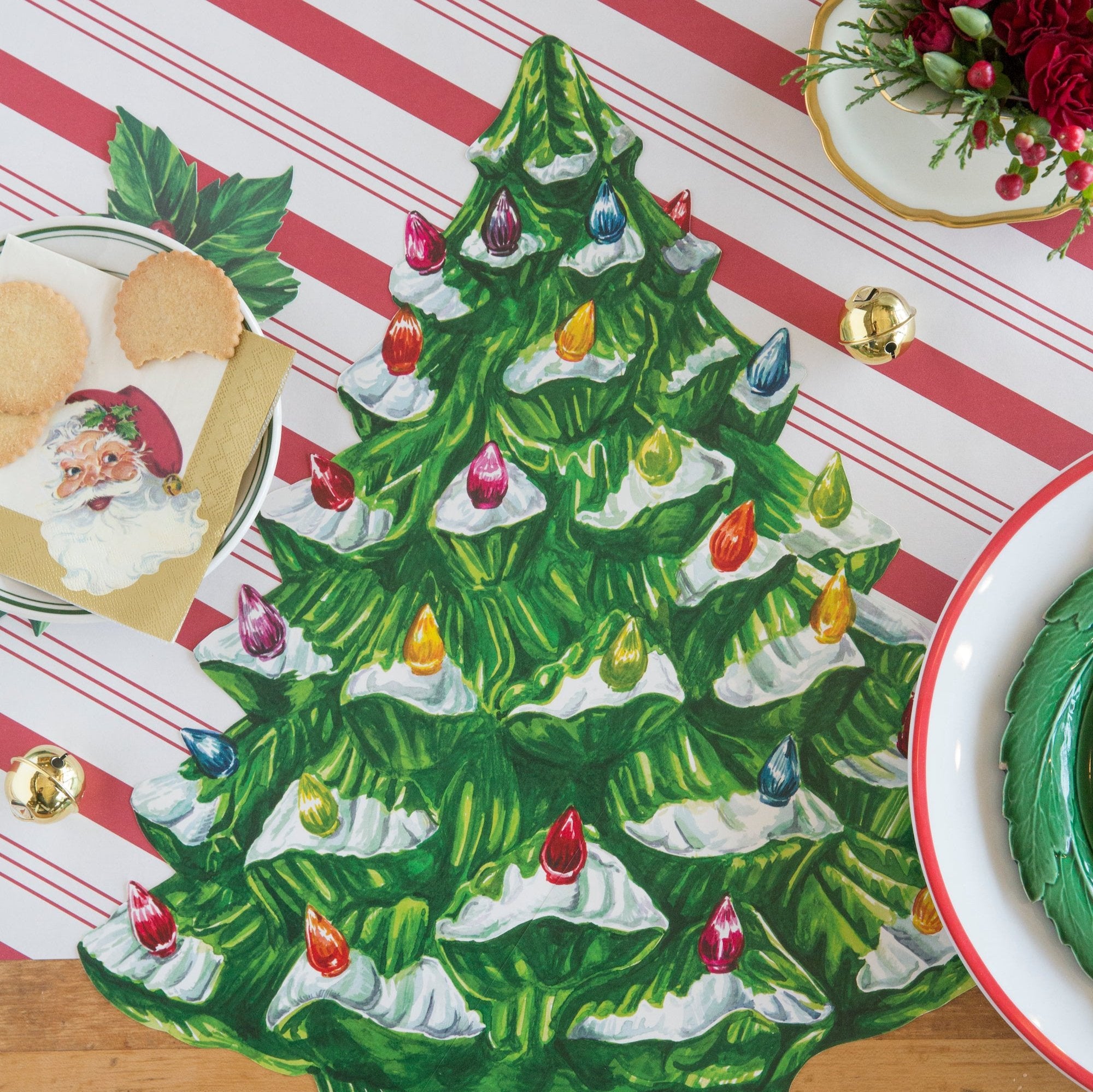 The Die-cut Vintage Christmas Tree Placemat as decoration on a Christmas-themed tablescape.