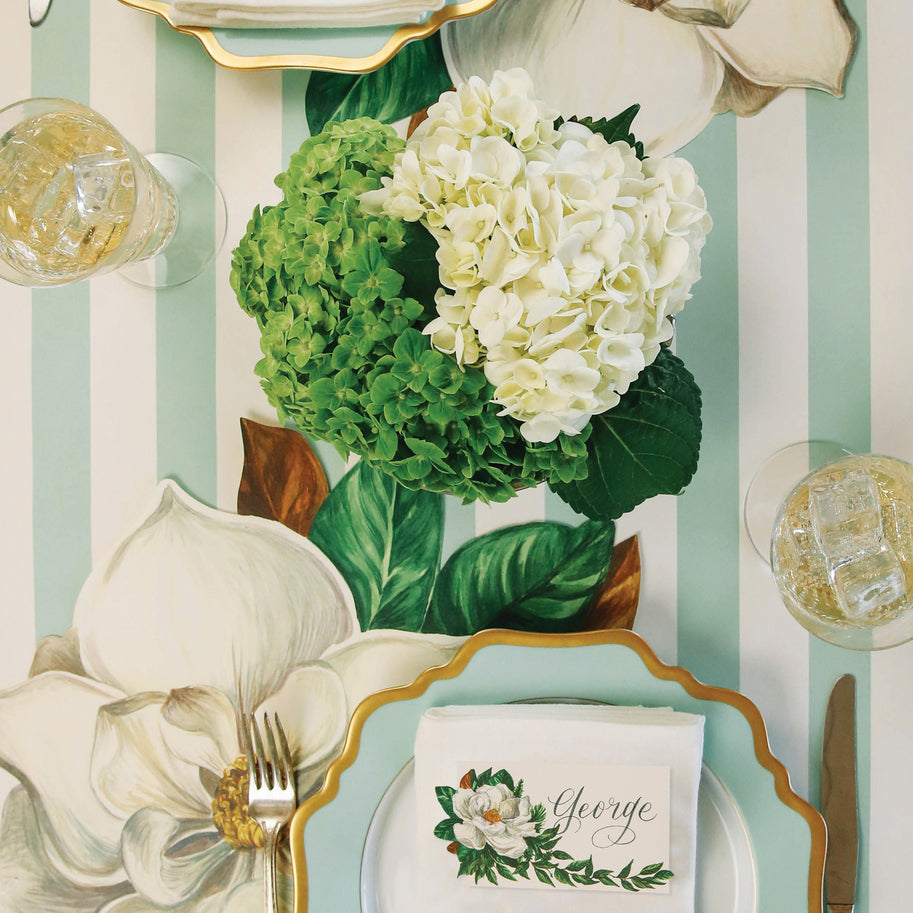 The Seafoam Classic Stripe Runner under an elegant floral tablescape, from above.