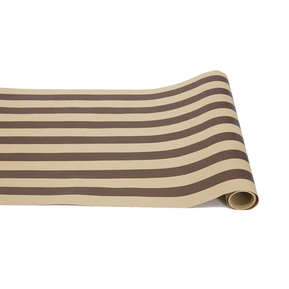 A paper roll with thick dark brown and kraft stripes running down the length.