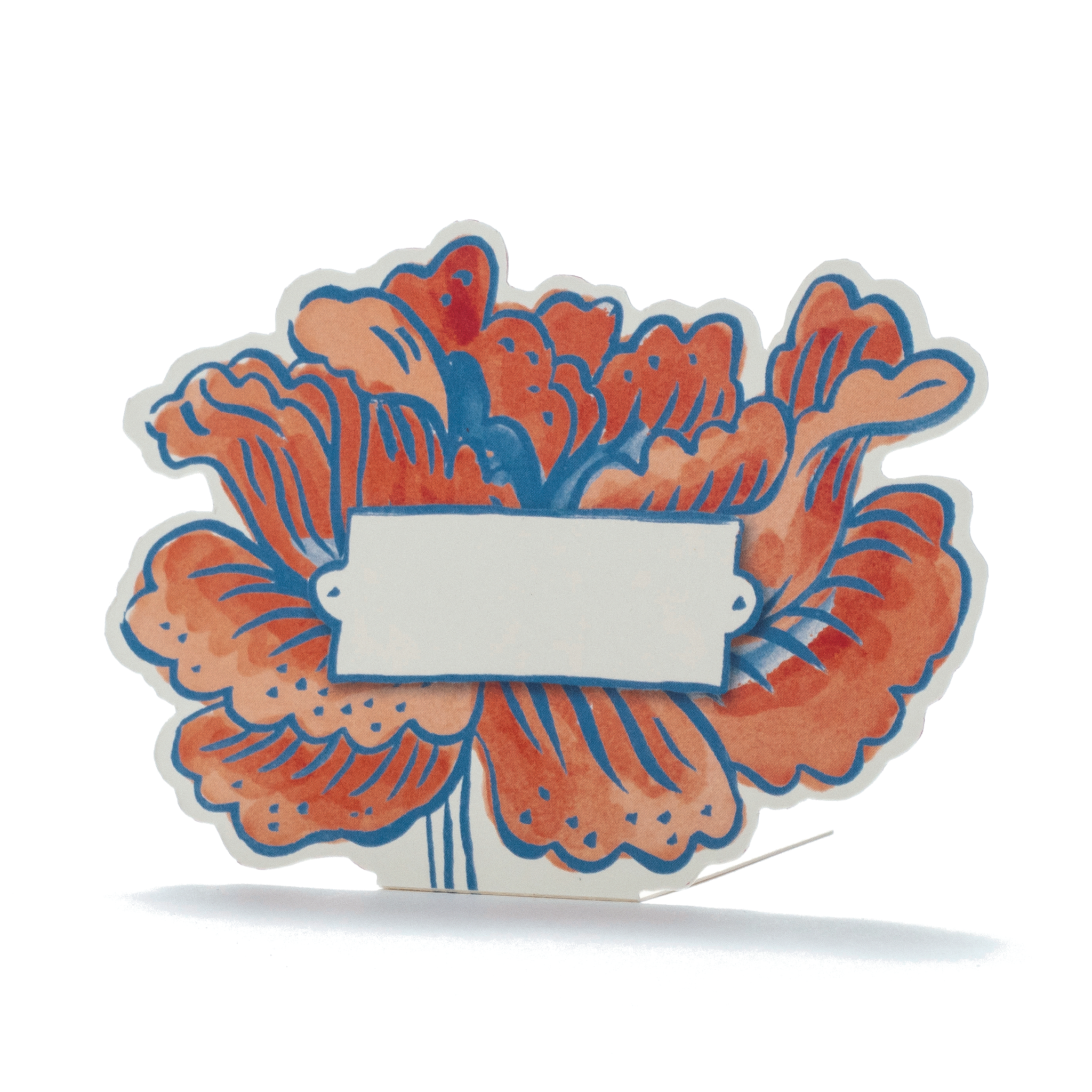 A die-cut freestanding place card featuring artwork of a deep orange flower with blue outlines, and a blue-framed blank rectangle in the center for a personal message.