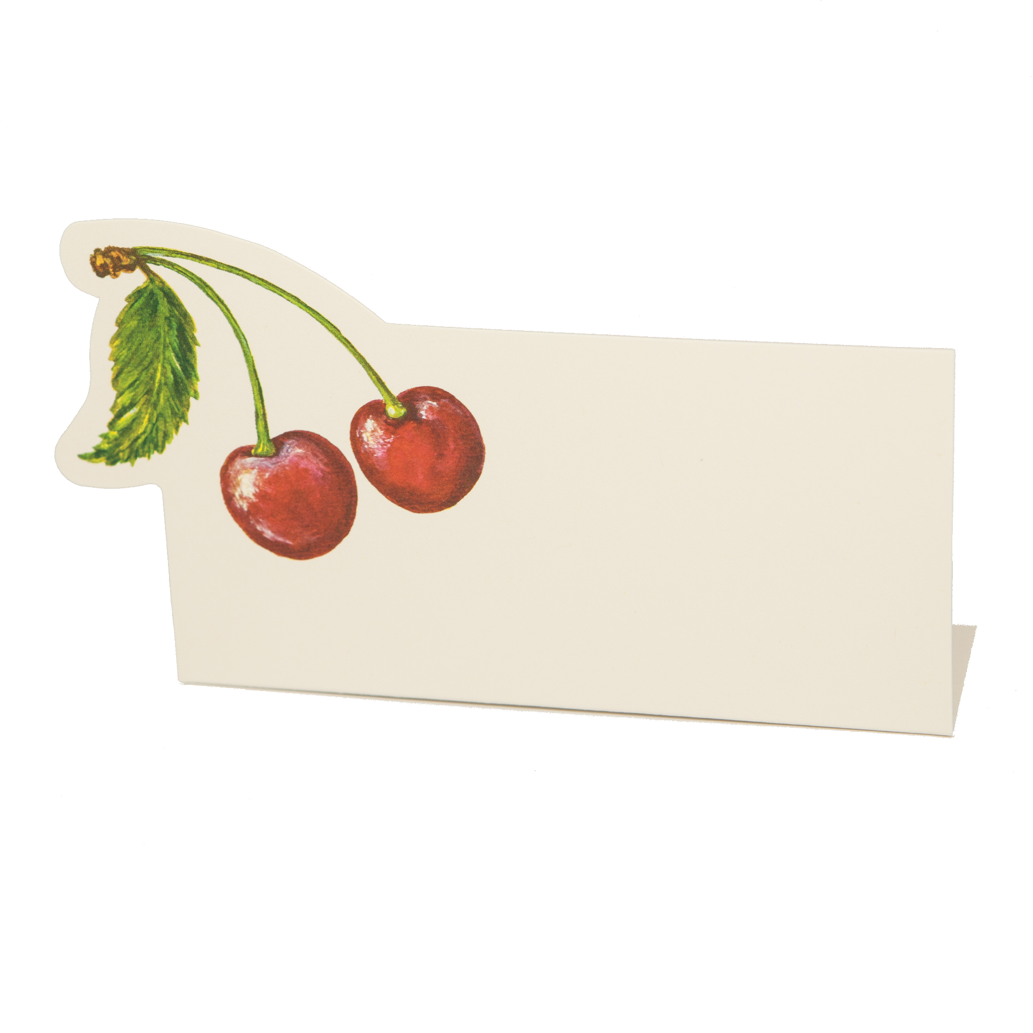 A white, rectangular, freestanding place card featuring a pair of illustrated cherries with a green leaf and stems adorning the upper left corner.