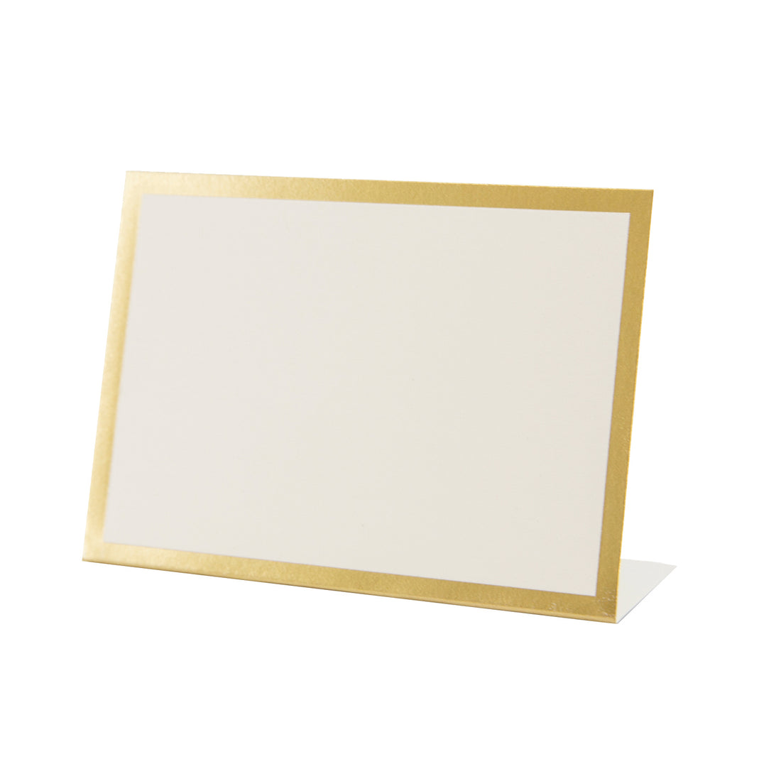 A free-standing, rectangular white table card with a simple gold foil frame around the edges.