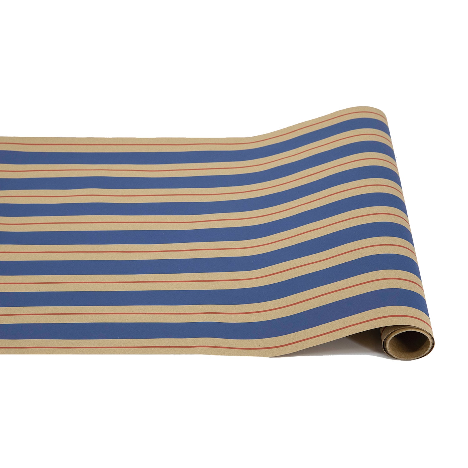 A runner with thick blue and kraft stripes running the length of the roll, with a thin red line down the middle of each kraft stripe.