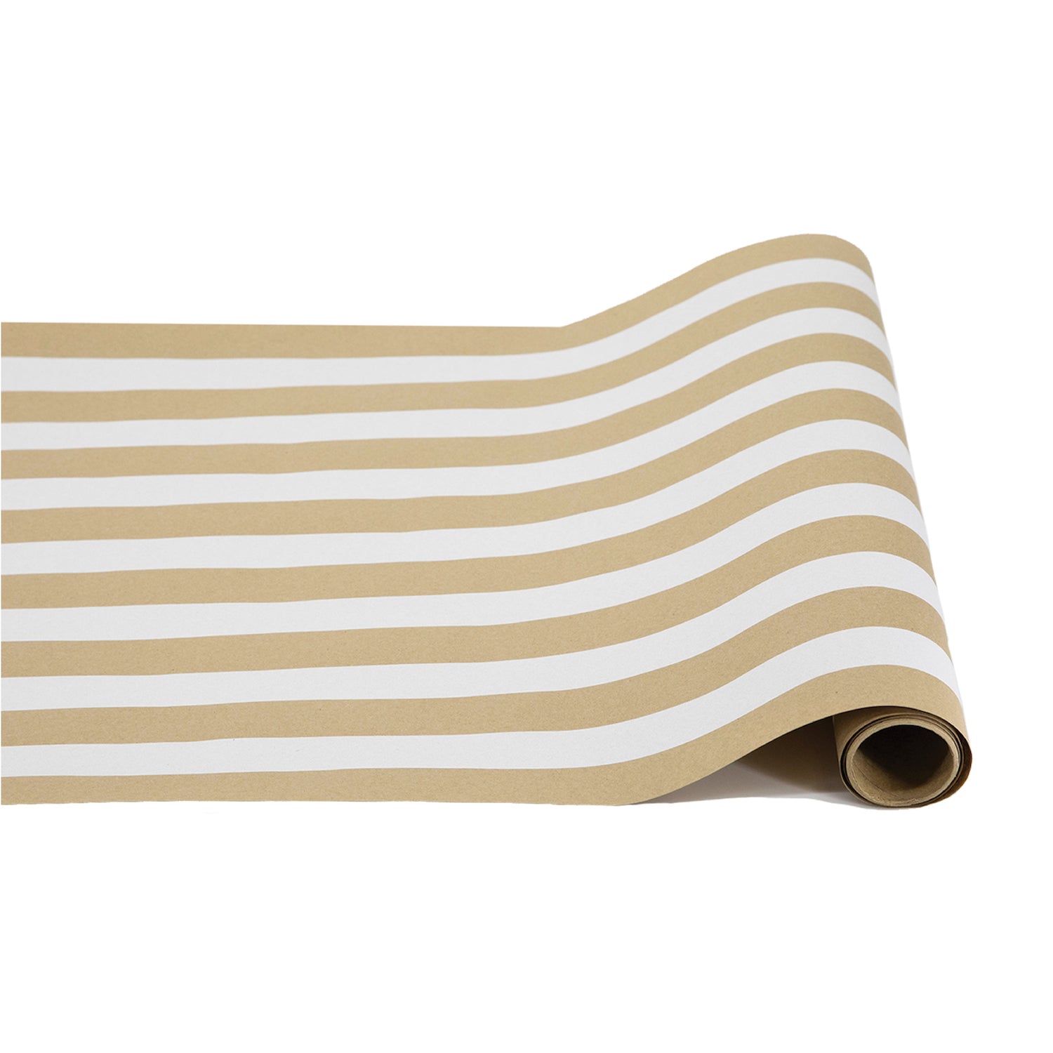 A paper roll with thick white and kraft stripes running down the length.
