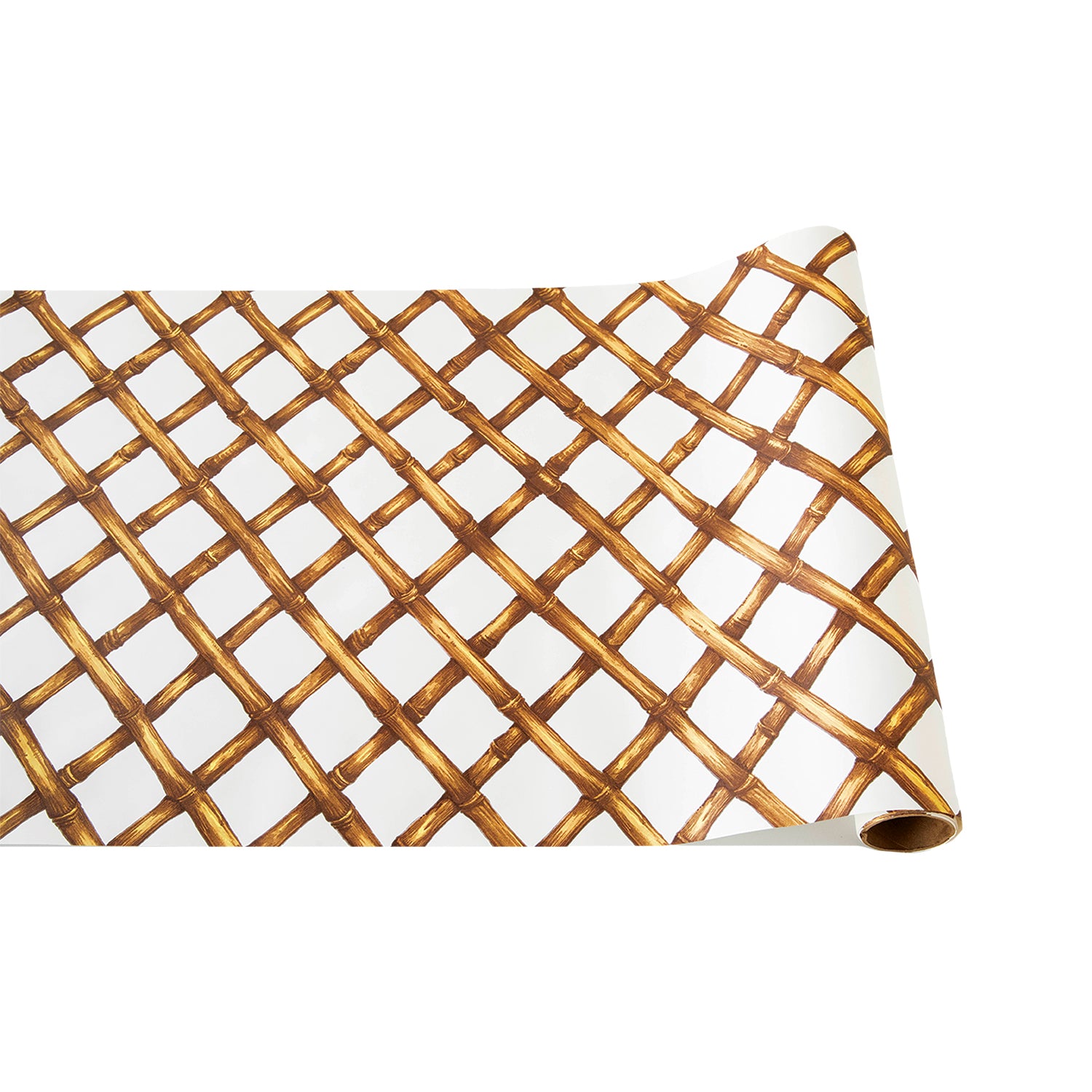 Paper roll featuring a diagonal woven bamboo pattern in tan on a white background.