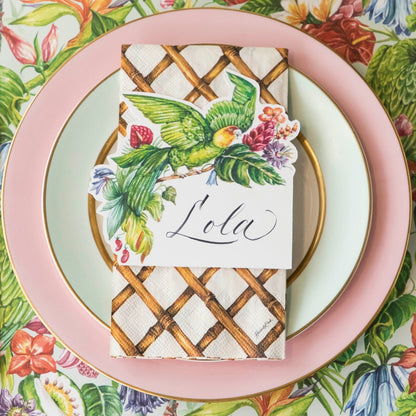 Top-down view of a vibrant tropical-themed place setting featuring a Parrot Place Card labeled &quot;Lola&quot; laying flat on the plate.