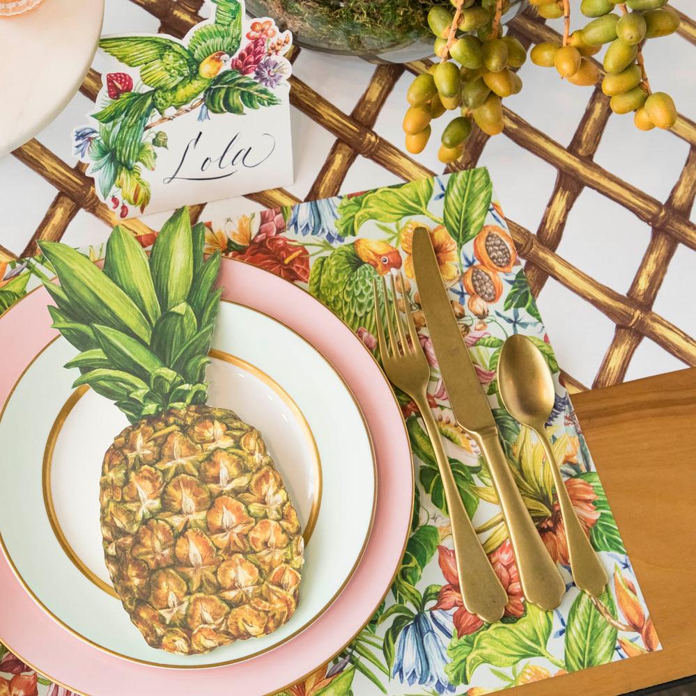 The Bamboo Lattice Runner under a tropical-themed table setting.
