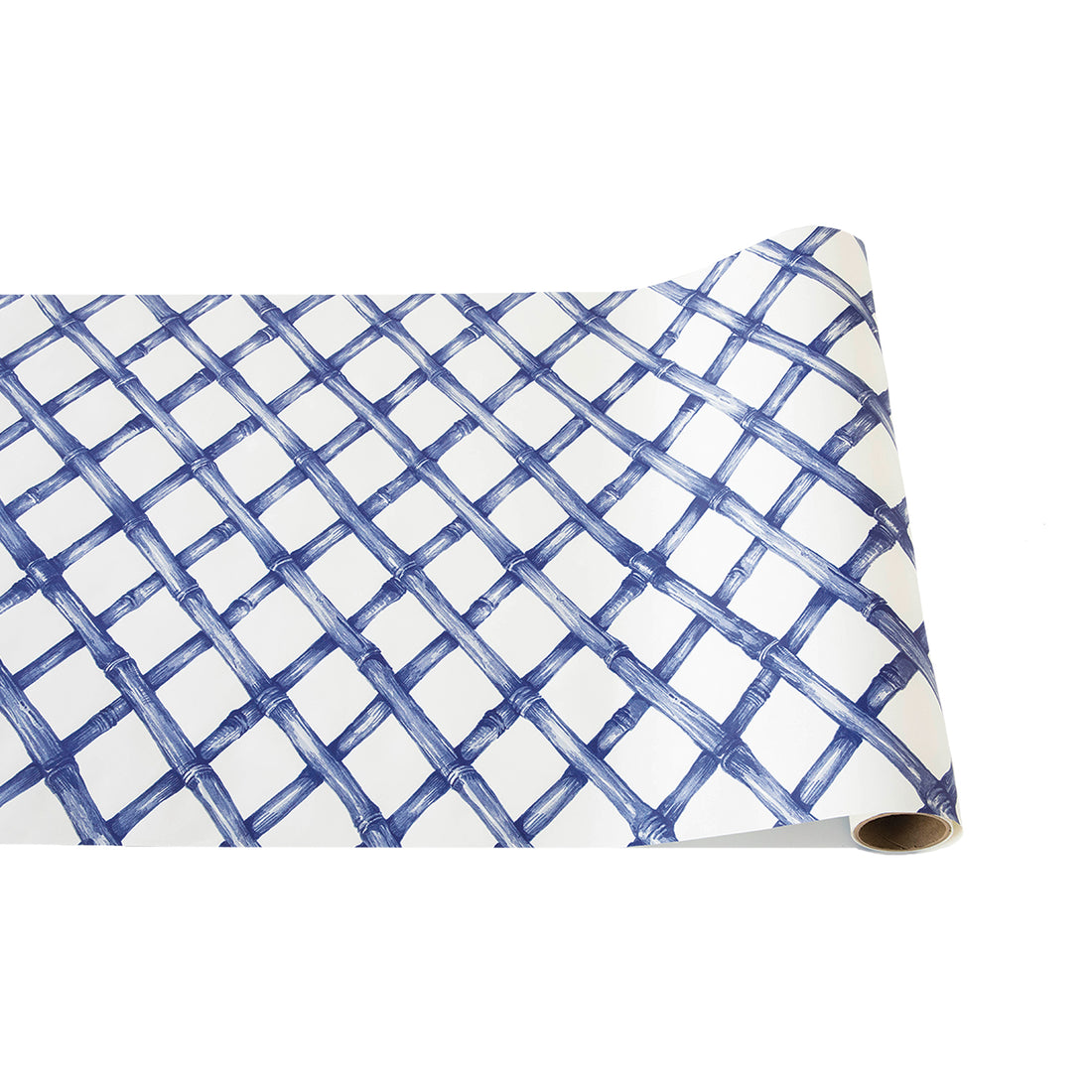 Paper roll featuring a diagonal woven bamboo pattern in monochrome blue on a white background.