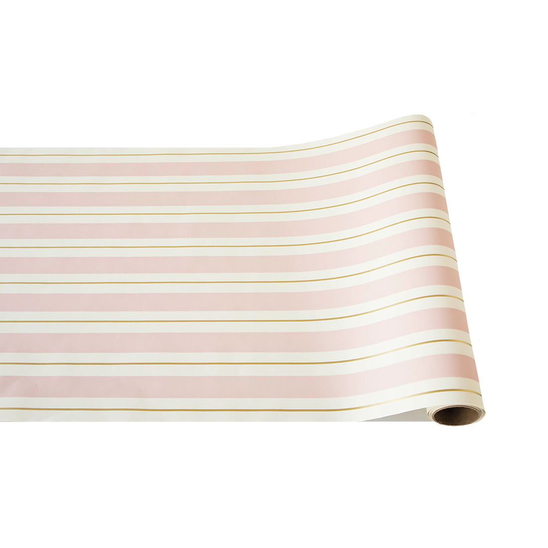 A runner with thick light pink and white stripes running the length of the roll, with a thin gold line down the middle of each white stripe.