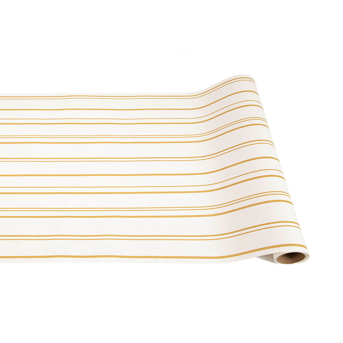 A white runner with muted gold stripes, thin and unevenly spaced, running down the length.