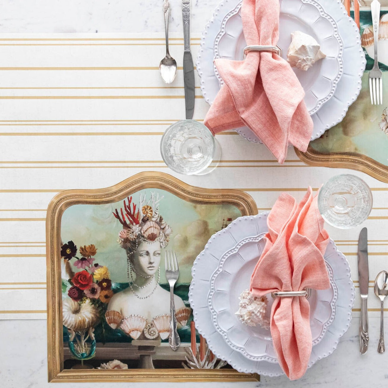 The Antique Gold Stripe Runner under an elegant table setting, from above.