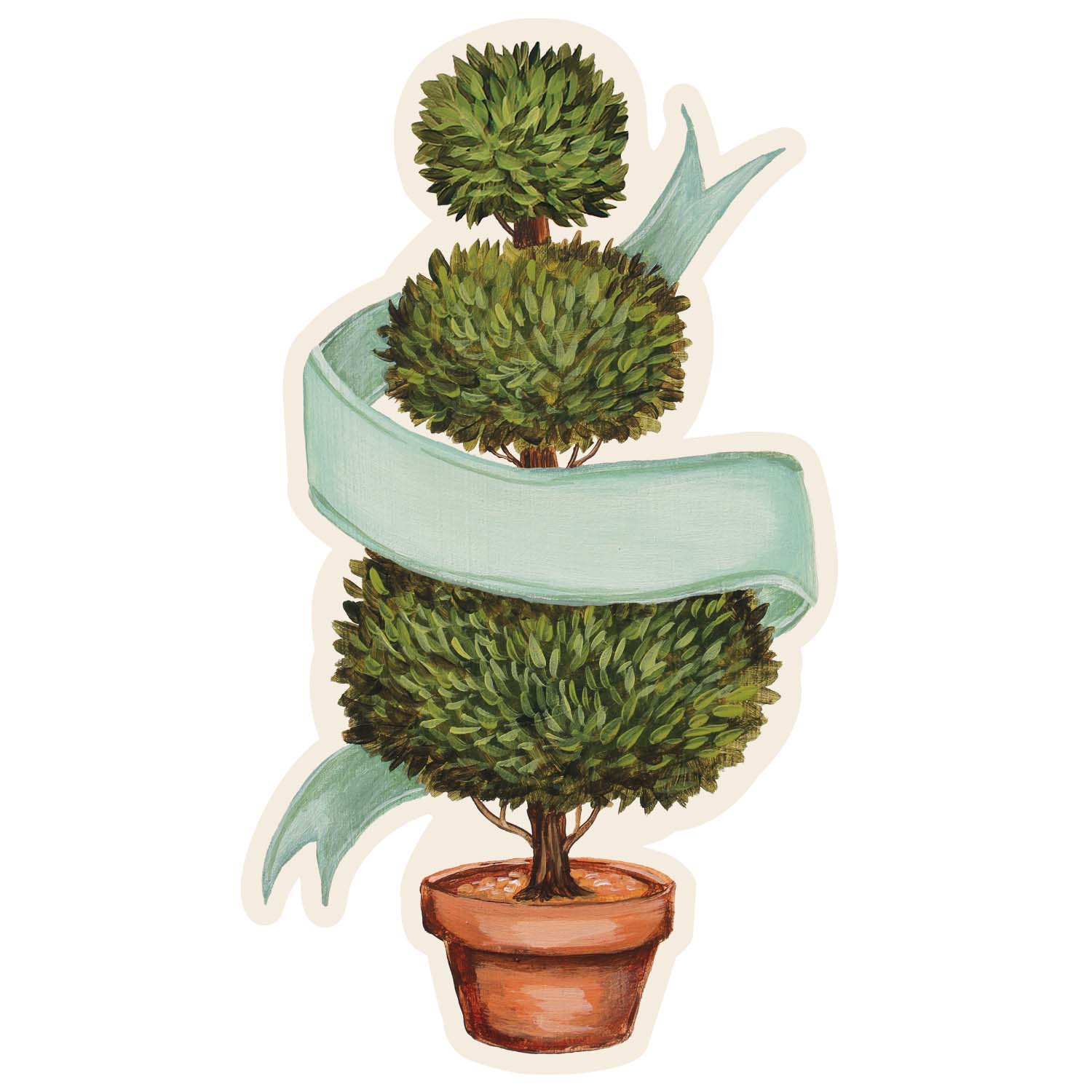 A die-cut illustration of a potted shrub manicured into three balls, with a blank seafoam ribbon twisting around the topiary, creating a space for personalization.