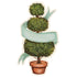 A die-cut illustration of a potted shrub manicured into three balls, with a blank seafoam ribbon twisting around the topiary, creating a space for personalization.