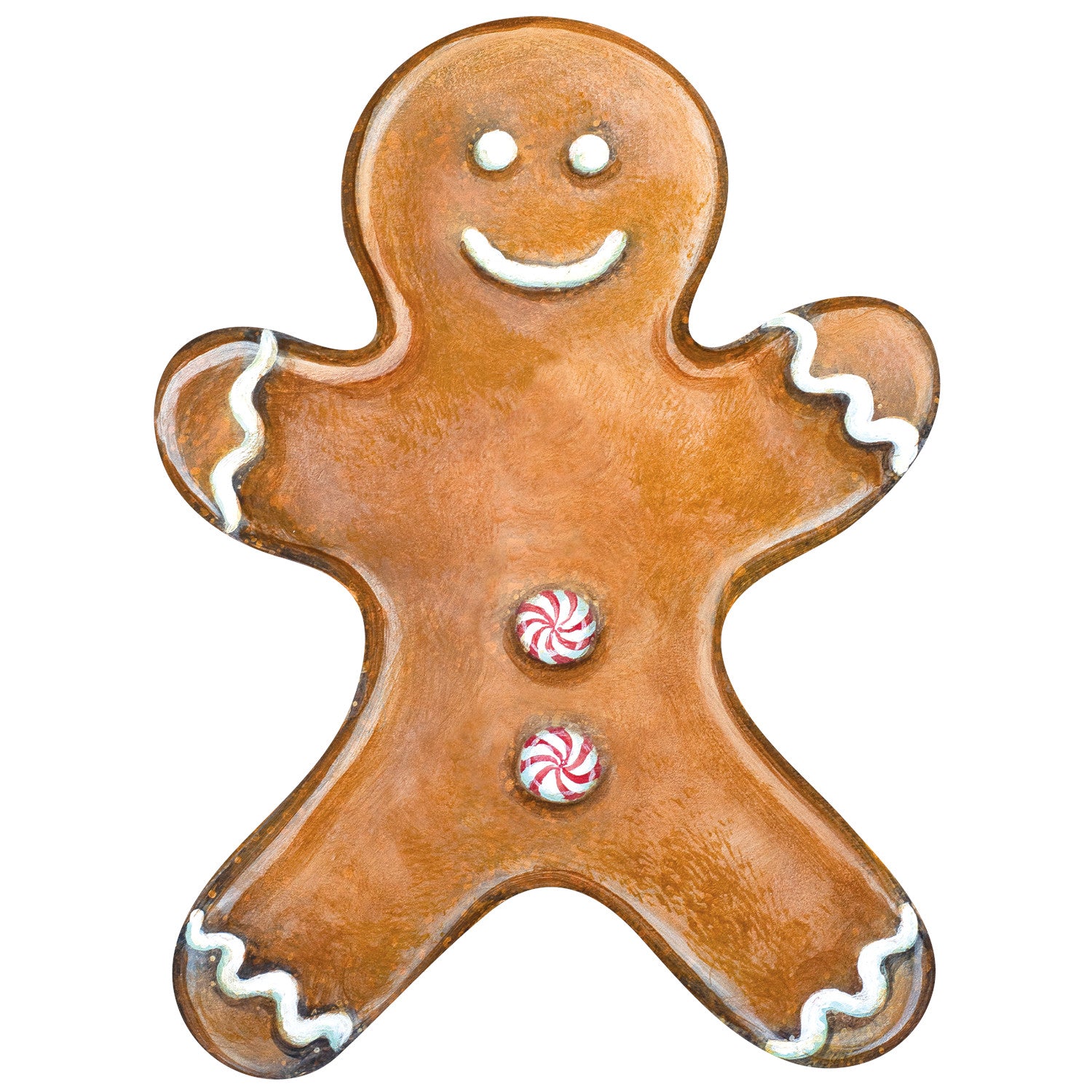 A die-cut illustrated classic gingerbread man in toasty brown with white icing details and peppermint swirl buttons.