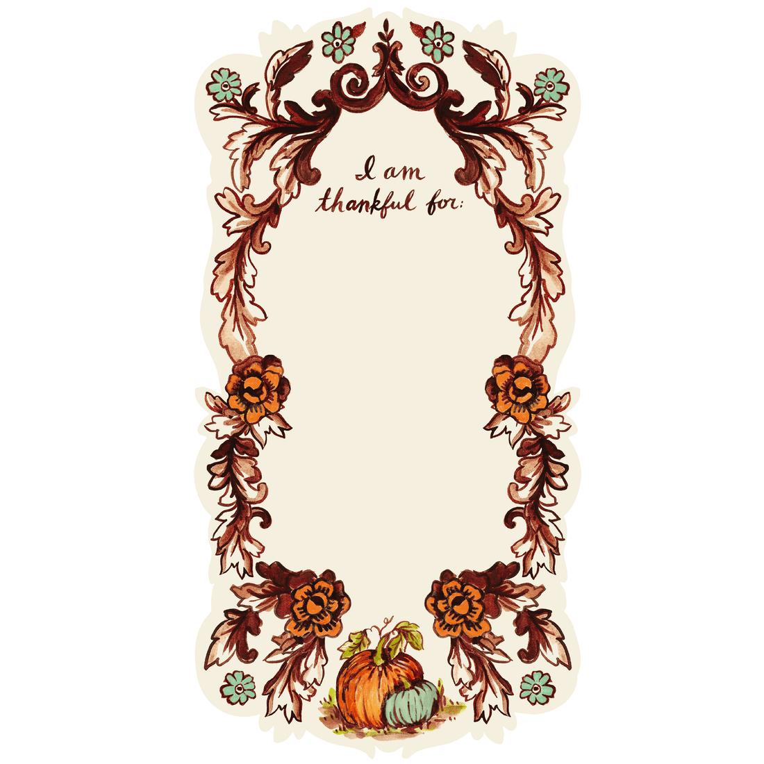 A white, die-cut rectangular paper accent with a frame of fall foliage and pumpkins in brown, orange and seafoam surrounding a blank area titled &quot;I am thankful for:&quot; in a handwritten script. 