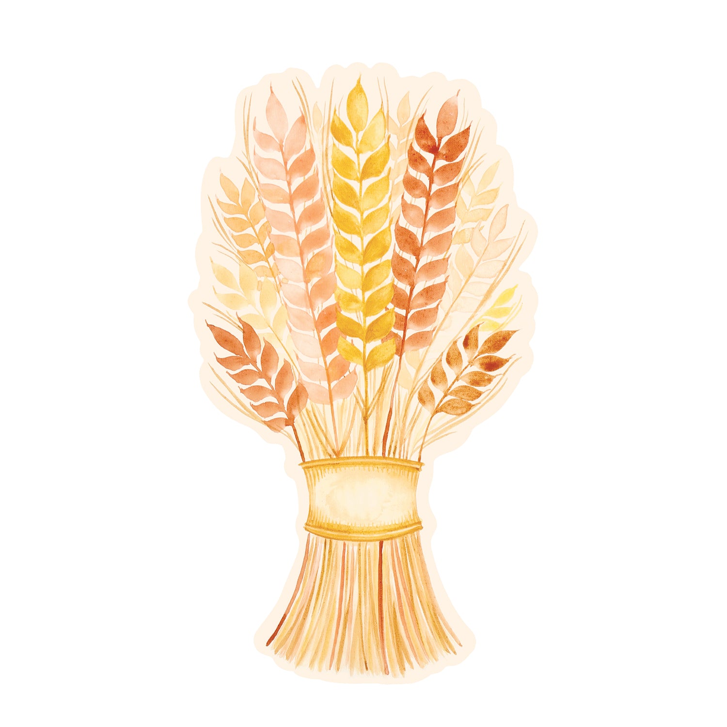 A die-cut watercolor illustration of a bundle of gold, yellow and orange wheat wrapped with a gold ribbon.