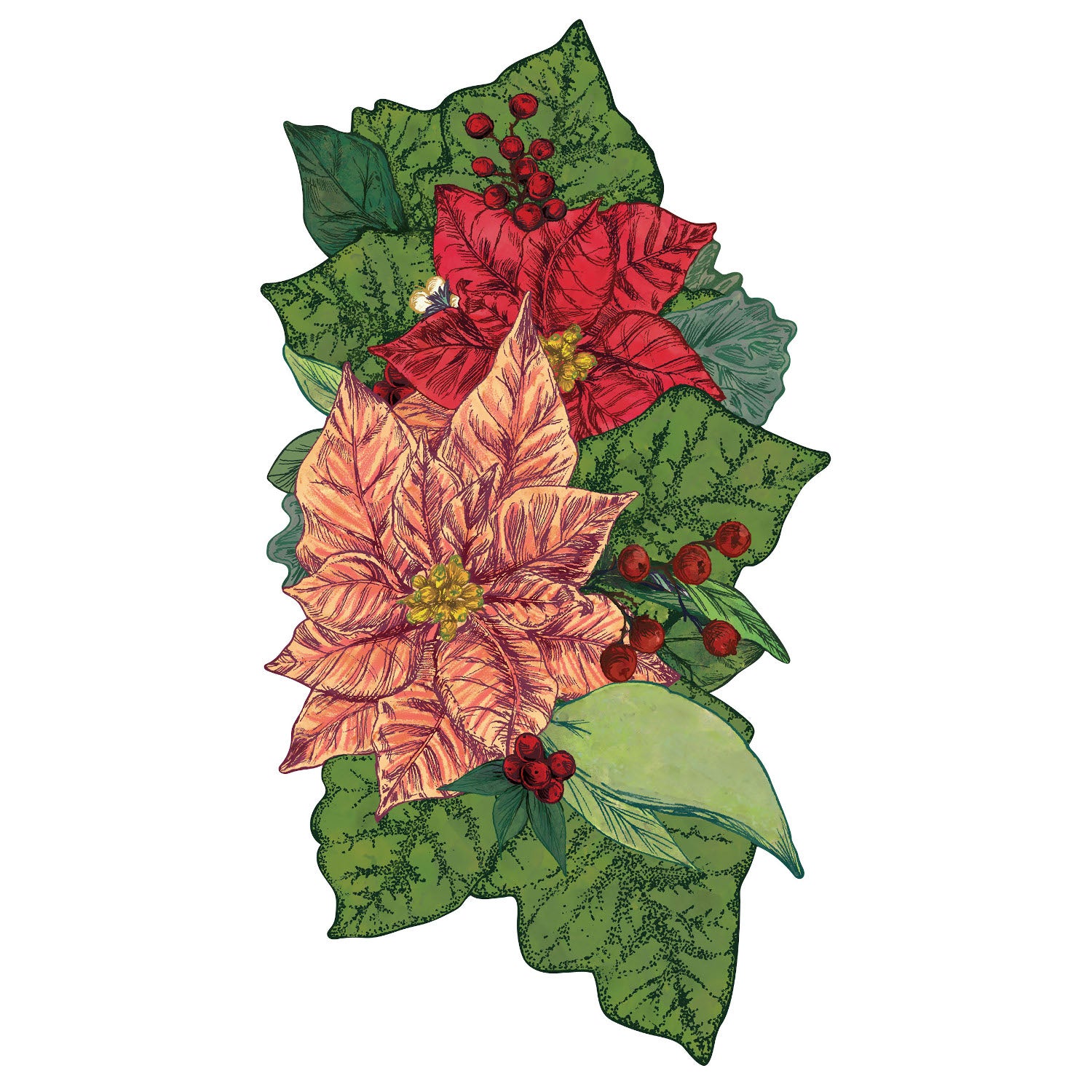 A die-cut Poinsettia Table Accent with an illustration of pink and red poinsettia blooms with green leaves and red berries.