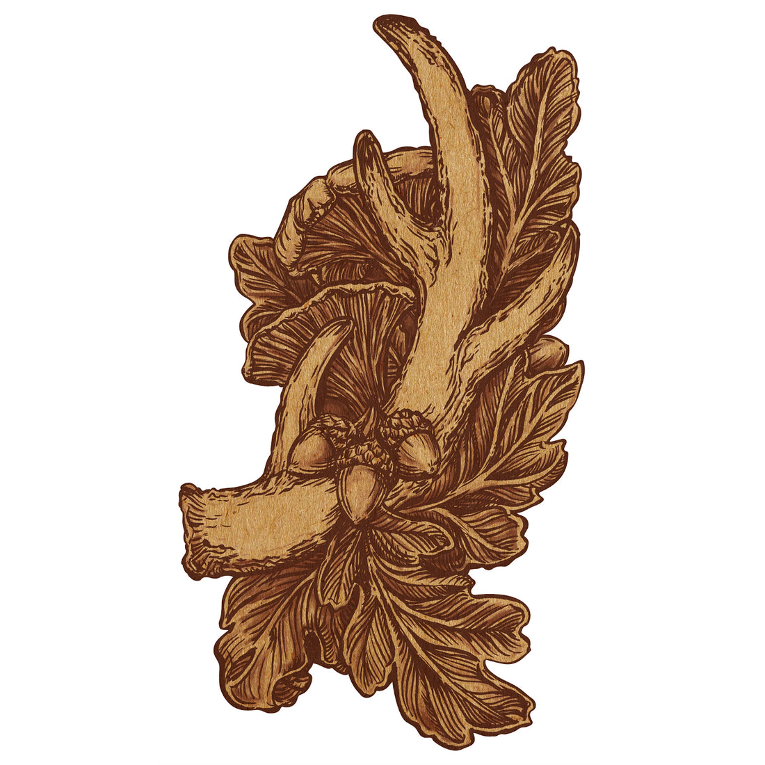 A die-cut kraft paper illustration in rich brown on tan, depicting an antler surrounded by oak leaves, acorns and mushrooms; a perfect accent to any rustic tablescape.