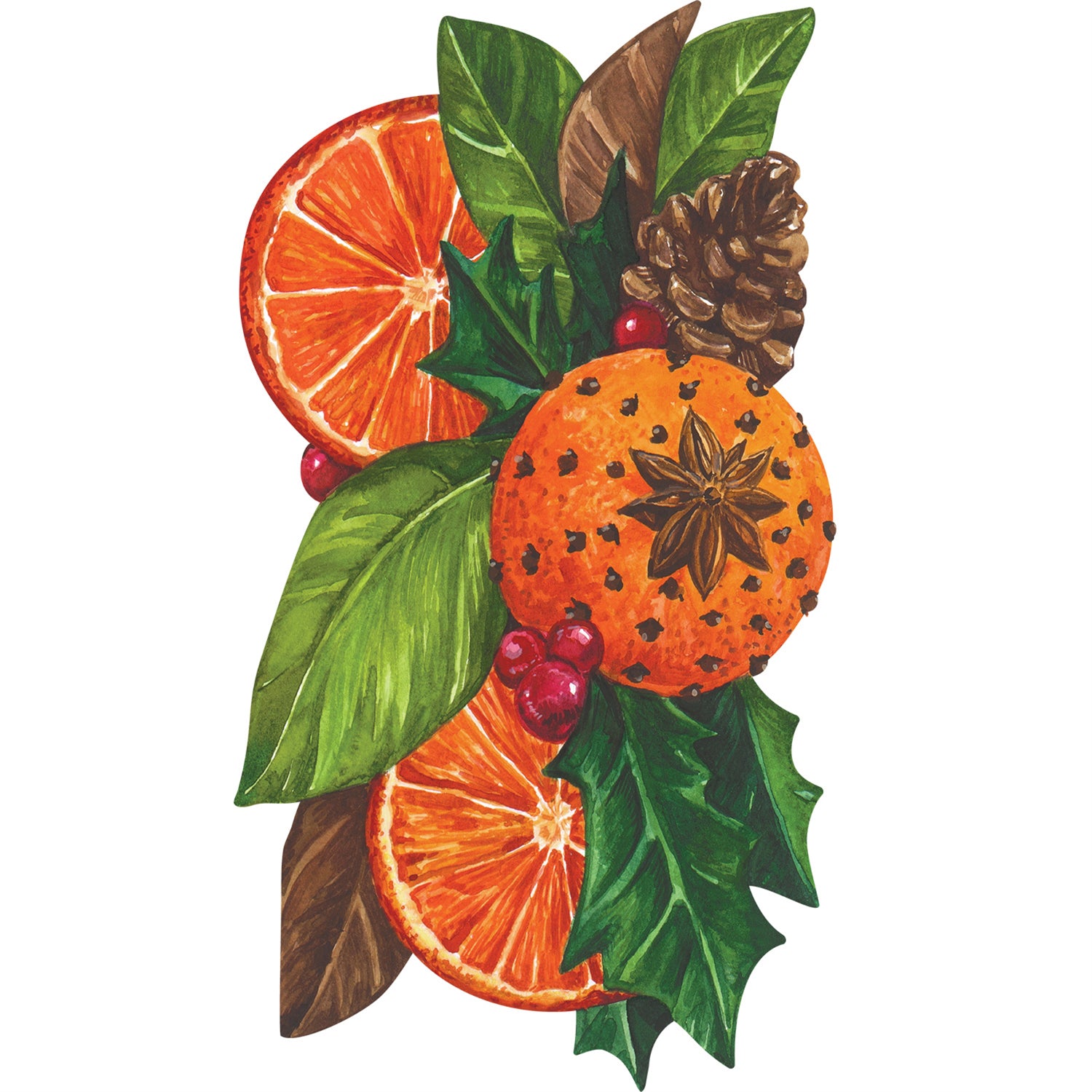 A die-cut illustration of vibrant oranges decorated with dried herbs nestled with winter foliage and red berries.