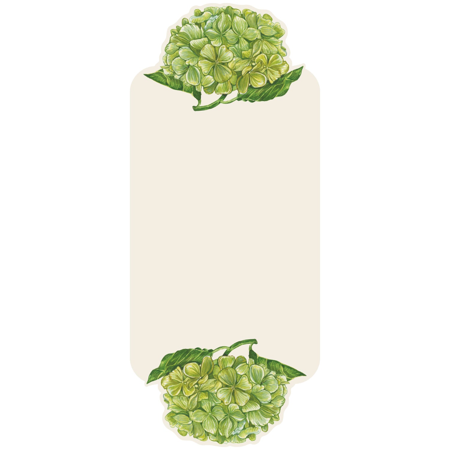 A white, rectangular place card adorned on the top and bottom edges with bright green hydrangea blooms with deep green leaves, leaving an open blank rectangle of space in the middle for personalization.