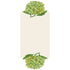 A white, rectangular place card adorned on the top and bottom edges with bright green hydrangea blooms with deep green leaves, leaving an open blank rectangle of space in the middle for personalization.