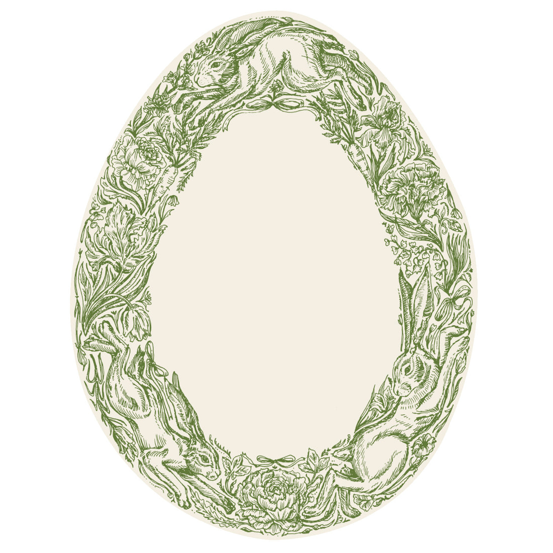 An egg-shaped card framed with a densely packed floral and hare design in green linework, creating an open white space in the middle for personalization.