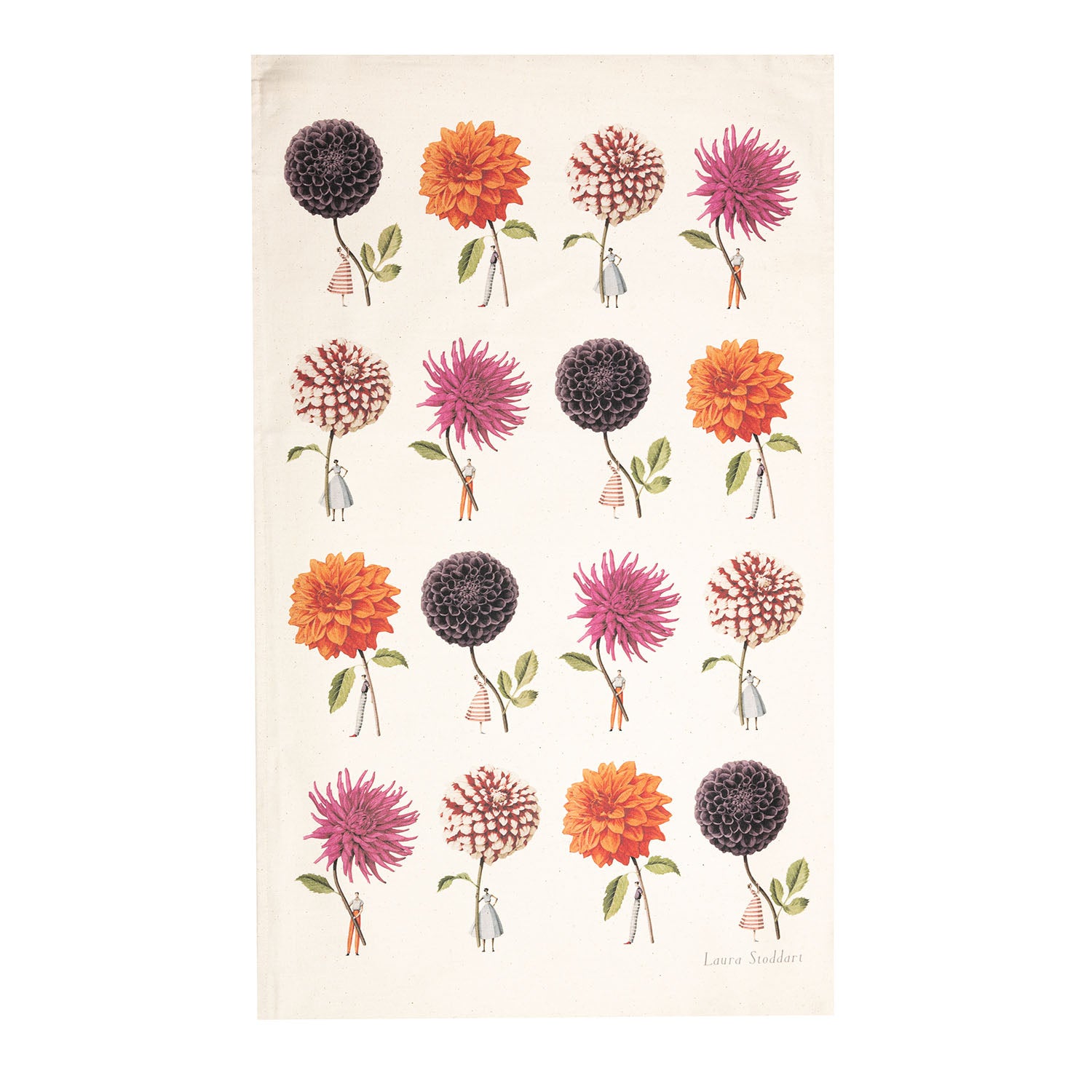 Hester & Cook In Bloom Multi Dahlia Linen Tea Towel, featuring illustrations of small people holding gigantic pink, orange and purple flowers by the stems.
