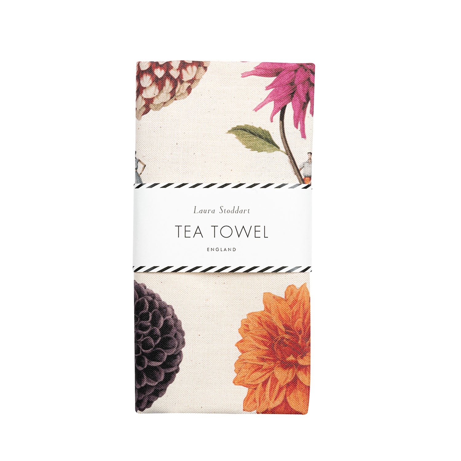 Hester & Cook In Bloom Multi Dahlia Linen Tea Towel in retail packaging, folded neatly and wrapped in a white paper belly band.