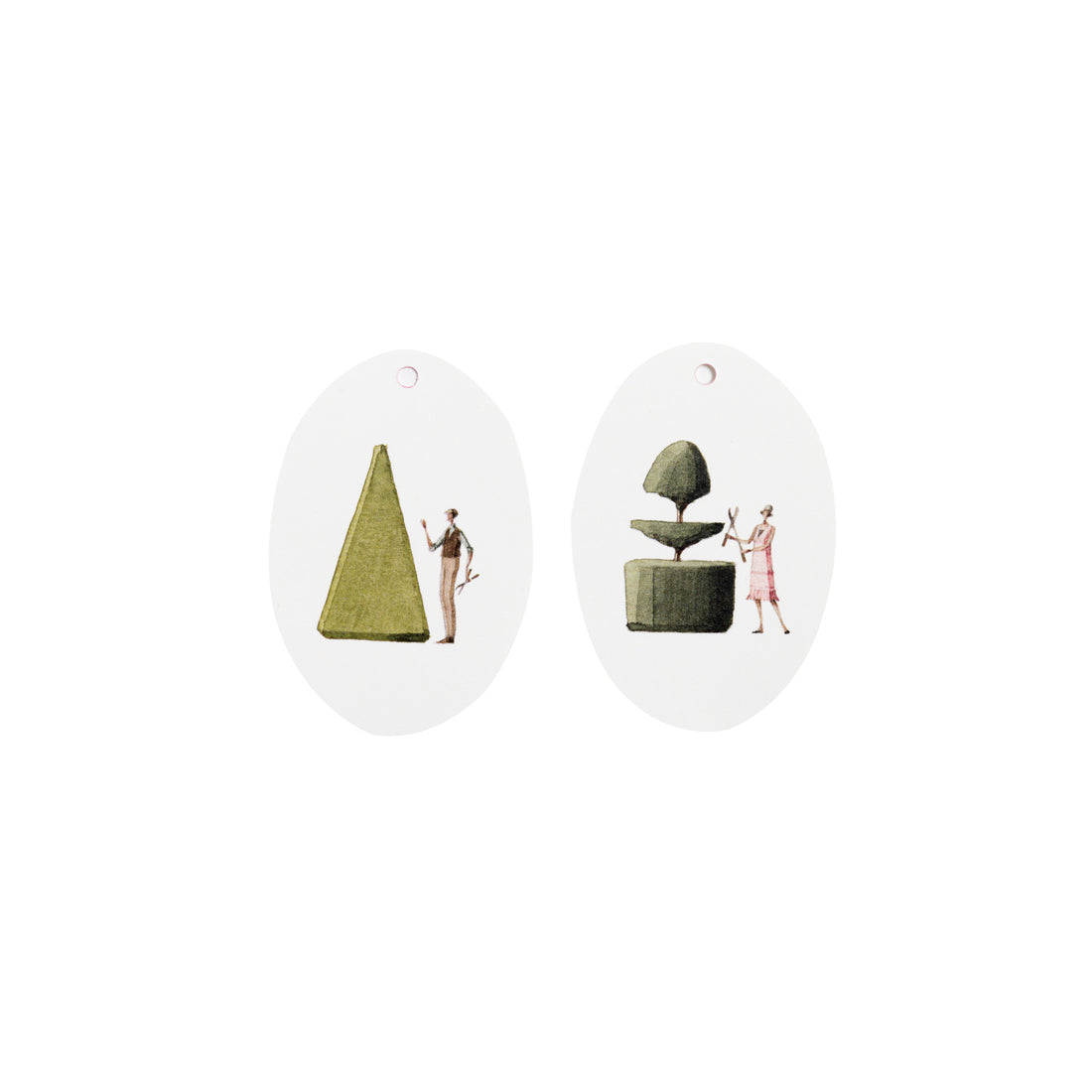 Two Top Topiary gift tags with illustrations of miniature people arranging stylized green trees, made in England by Hester &amp; Cook.