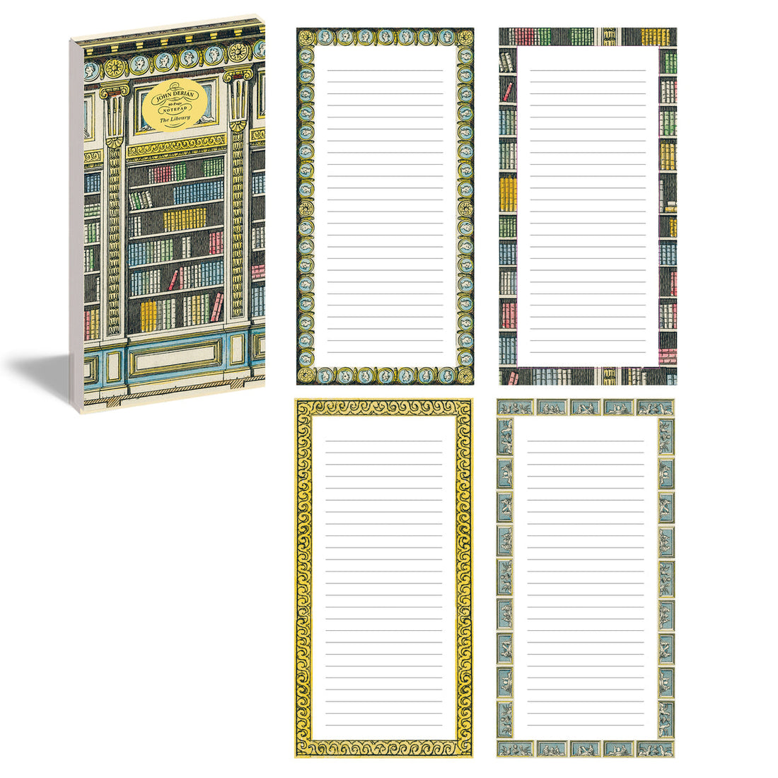 Four John Derian: The Library Notepads featuring antique prints, with vintage bookshelf themes and ornate frame designs.