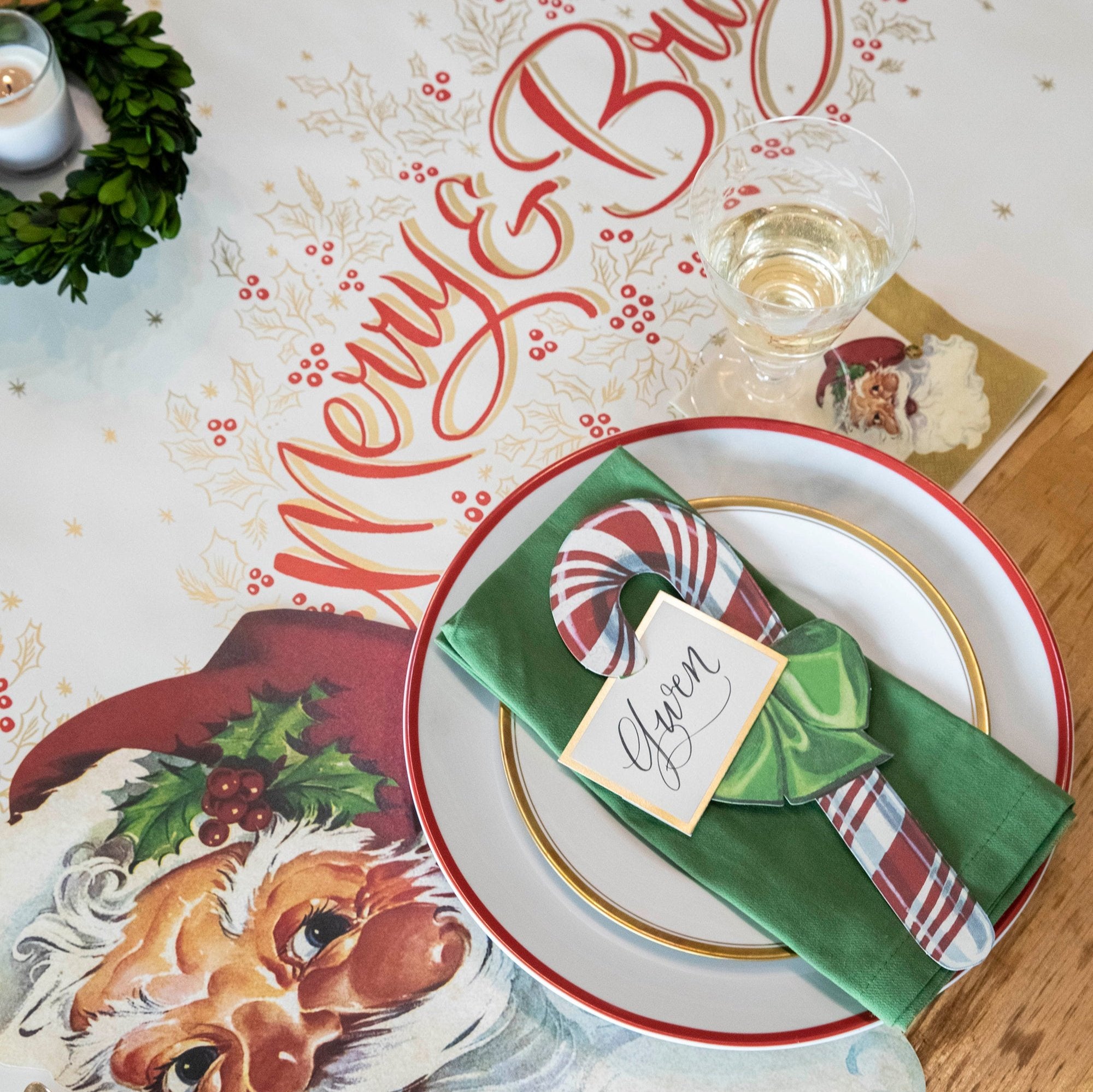 The Merry & Bright Runner under a festive Christmas-themed table setting, from above.