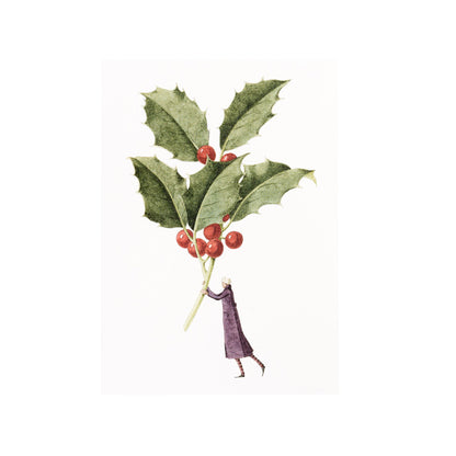 Illustration of two miniature figures dressed in winter clothes hanging from a sprig of holly and a stem of mistletoe, perfect for botanical-themed A6 size Christmas cards, like the Hester &amp; Cook Holly &amp; Mistletoe Card Set of 10.