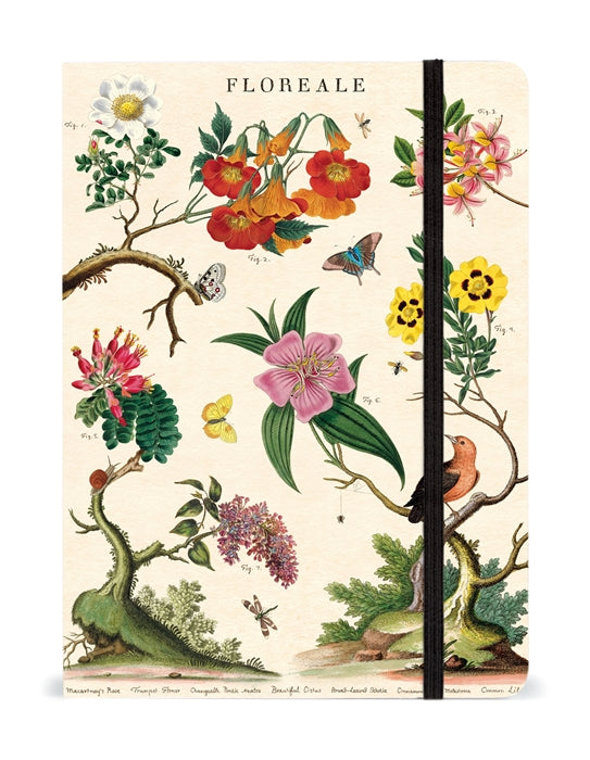 Illustrated Cavallini Papers & Co Large Floreale Notebook featuring various flowers and butterflies with vintage florals and a ribbon bookmark.
