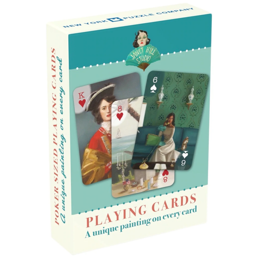 A set of Janet Hill Playing Cards featuring whimsical art prints of a woman by New York Puzzle Company.
