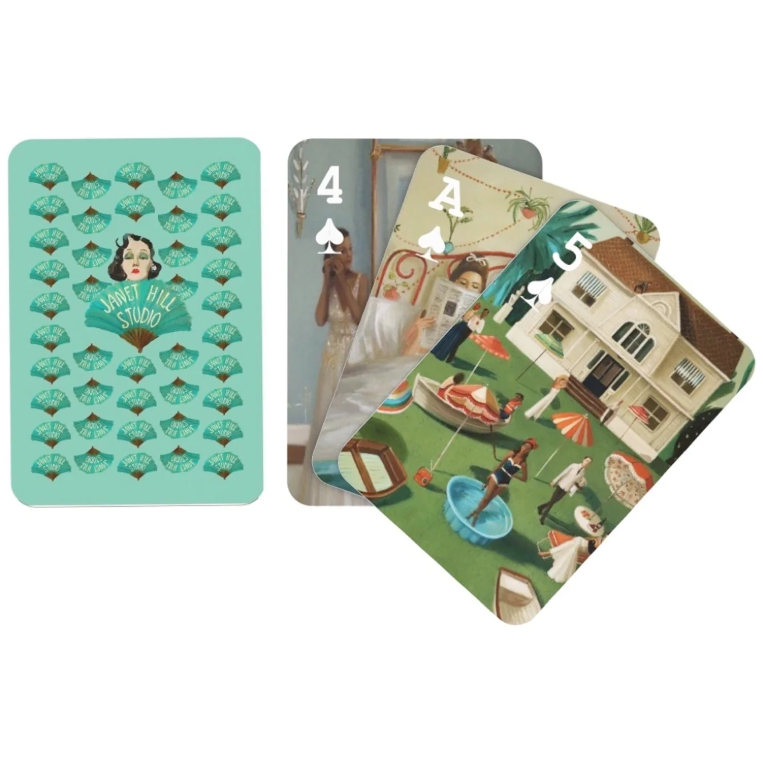 A set of Janet Hill Playing Cards featuring whimsical art prints of a woman by New York Puzzle Company.