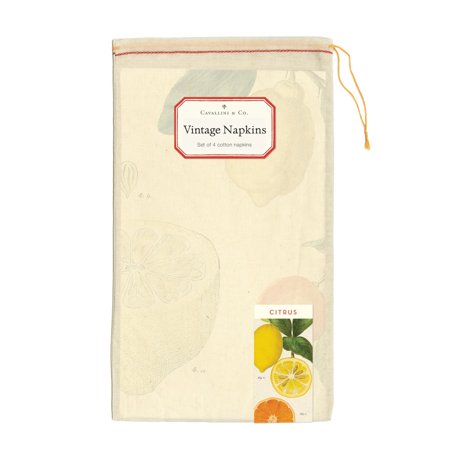 Illustration of various citrus fruits with labels on Cavallini Papers & Co cotton napkins, including whole and cross-section views.