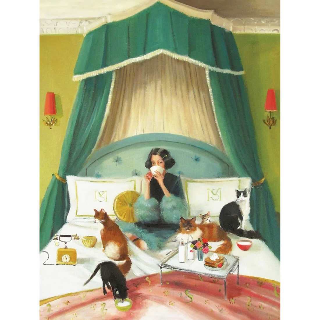 A whimsical painting of a woman sitting on a luxurious bed with cats, featuring the Breakfast in Bed Puzzle by New York Puzzle Company.
